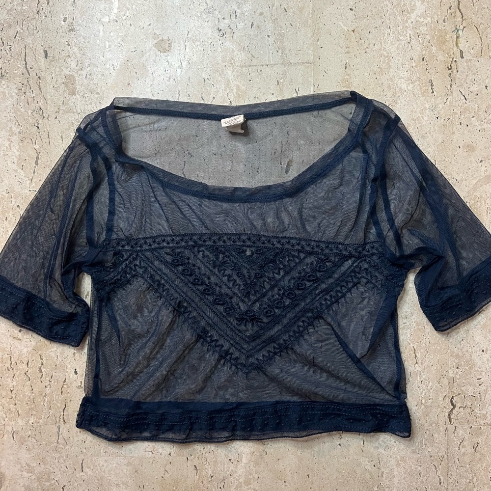 Sheer Navy Embroidered Crop Top - Brand: